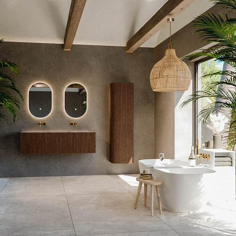 MONDIAZ KURVE-DLUX 140cm meuble de salle de bains couleur Walnut avec 2 tiroirs et 0 portes. Lavabo STOR SMALL Double sans trou de robinet Sombra. SW1433704