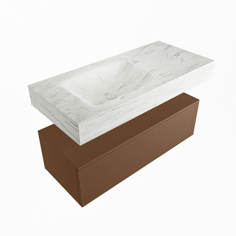 Mondiaz ALAN-DLUX Ensemble de meuble - 100cm - meuble Rust mat - 1 tiroir - Lavabo Cloud Opalo suspendu - vasque Gauche - 1 trou de robinet SW806606