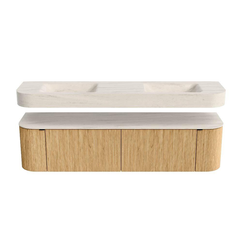 MONDIAZ THOR-DLUX 180cm meuble de salle de bains arrondi gauche + droite couleur Oak avec 2 tiroirs et 2 portes. Vasque suspendue CLOUD Double 2 trous de robinet couleur Meli. SW1466153