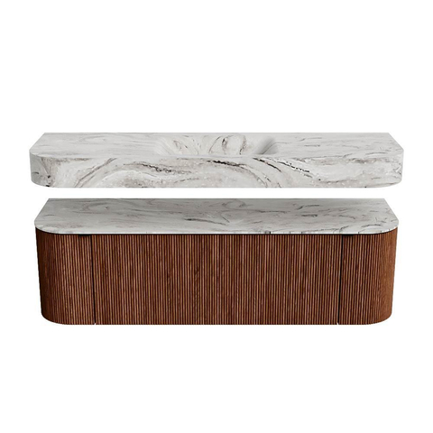 MONDIAZ THOR-DLUX 150cm badmeubel ronding links + rechts kleur Ruby met 1 lade en 2 deuren. Vrijhangende wastafel CLOUD Midden 1 kraangat kleur Glace. SW1464583