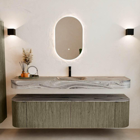 MONDIAZ THOR-DLUX 180cm meuble de salle de bains arrondi gauche + droite couleur Shadow avec 2 tiroirs et 2 portes. Vasque suspendue CLOUD Milieu 1 trou de robinet couleur Sombra. SW1466333