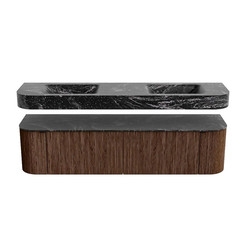 MONDIAZ THOR-DLUX 180cm badmeubel ronding links + rechts kleur Walnut met 2 lades en 2 deuren. Vrijhangende wastafel CLOUD Dubbel 2 kraangaten kleur Lava. SW1465947
