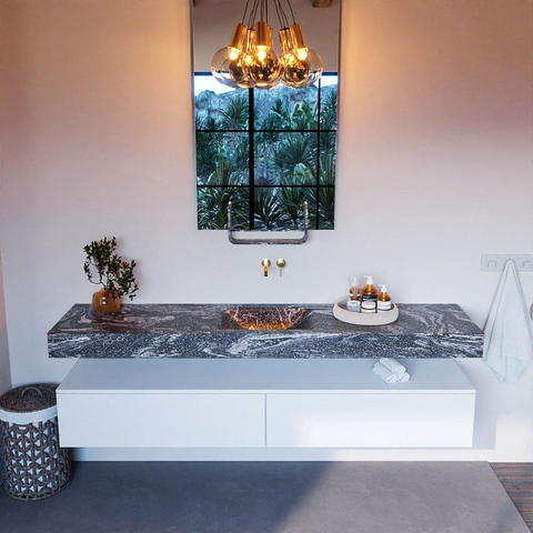 Mondiaz ALAN-DLUX Ensemble de meuble - 200cm - meuble Talc mat - 2 tiroirs - Lavabo Cloud Lava suspendu - vasque Centre - 0 trous de robinet SW807967