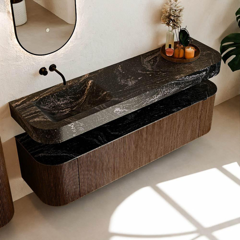 MONDIAZ THOR-DLUX 170cm meuble de salle de bains arrondi gauche + droite couleur Walnut avec 1 tiroir et 2 portes. Vasque suspendue CLOUD Gauche sans trou de robinet couleur Lava. SW1465584