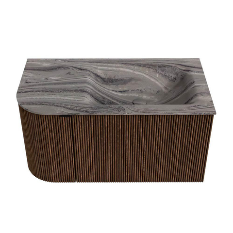 MONDIAZ KURVE-DLUX Meuble de salle de bains 85cm arrondi à gauche couleur Walnut avec 1 tiroir et 1 porte. Lavabo CLOUD à droite 1 trou de robinet Sombra. SW1433635