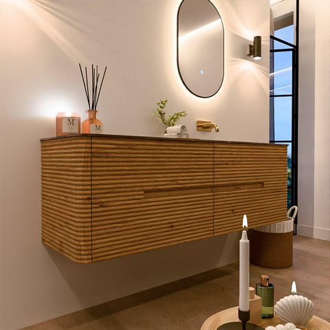 Mondiaz CIRO-DLUX Badkamermeubelset - 150x45x50cm - Solid surface wastafel Sombra - 1 wasbak Rechts - zonder kraangaten - 4 lades - Oak SW1531258
