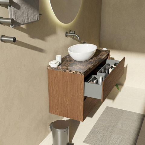 Saniclass Holz Pure Badkamermeubelset - 100x45x63cm - Noche natuurstenen topblad dark emperador - zonder kraangat - 2 lades - mat walnut pure (hout) SW1478283