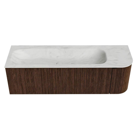 MONDIAZ KURVE-DLUX 145cm badmeubel met module 25 R kleur Walnut met 1 lade en 1 deur. Wastafel BIG LARGE links zonder kraangat kleur Opalo. SW1137648