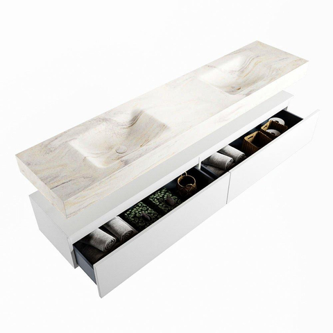 MONDIAZ ALAN - DLUX Badkamermeubelset - 200cm - onderkast - Talc - 2 lades - vrijhangende wastafel - 2 wasbakken - 2 kraangaten - Ostra SW807003