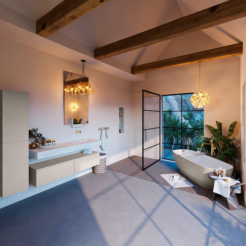 Mondiaz ALAN-DLUX Ensemble de meuble - 150cm - meuble Linen mat - 2 tiroirs - Lavabo Cloud Opalo suspendu - vasque Droite - 0 trous de robinet SW806503