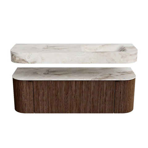 MONDIAZ THOR-DLUX 140cm meuble de salle de bains arrondi gauche + droite couleur Walnut avec 1 tiroir et 2 portes. Vasque suspendue CLOUD Droite 1 trou de robinet couleur Frappe. SW1463953