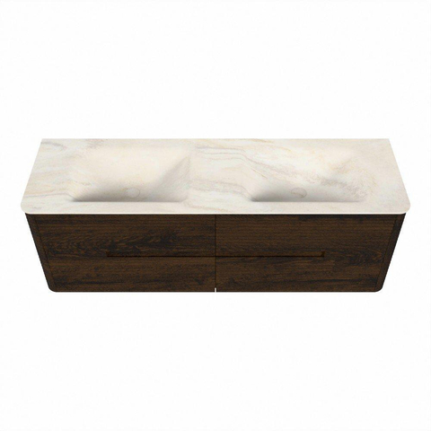 Mondiaz CIRO-DLUX Ensemble de meubles de salle de bains - 150x45x50cm - Plan vasque Solid surface Ostra - 2 vasques Double - 2 trous de robinetterie - 4 tiroirs - Noyer SW1530404