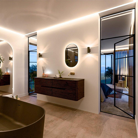 Mondiaz CIRO-DLUX Ensemble de meubles de salle de bains - 160x45x50cm - lavabo solid surface Lava - 1 vasque à droite - sans trous de robinet - 4 tiroirs - Noyer SW1530151