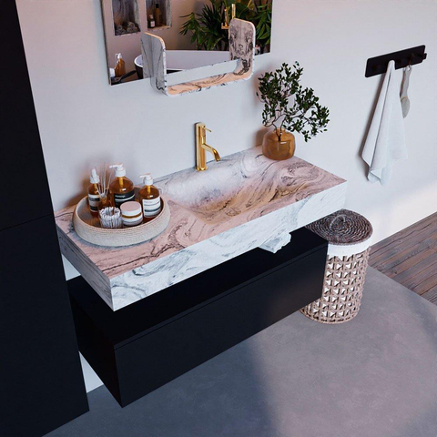 Mondiaz ALAN-DLUX Ensemble de meuble - 100cm - meuble Urban mat - 1 tiroir - Lavabo Cloud Glace suspendu - vasque Droite - 1 trou de robinet SW804929