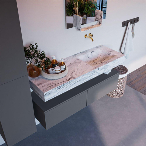 Mondiaz ALAN-DLUX Ensemble de meuble - 130cm - meuble Plata mat - 2 tiroirs - Lavabo Cloud Glace suspendu - vasque Droite - 0 trous de robinet SW806335