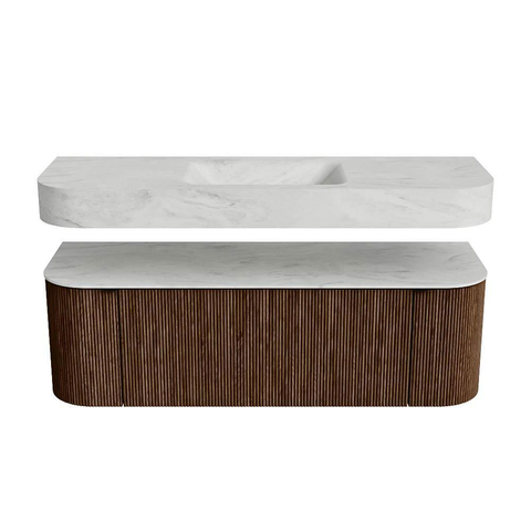 MONDIAZ THOR-DLUX 140cm badmeubel ronding links + rechts kleur Walnut met 1 lade en 2 deuren. Vrijhangende wastafel CLOUD Midden 1 kraangat kleur Opalo. SW1464158