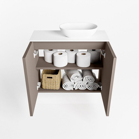 Mondiaz Fowy Meuble de toilette - 60x50x23cm - fumée mat - 1 trou de robinet - lavabo à droite - 2 portes - solid surface - plan MDF - lavabo : blanc SW761237