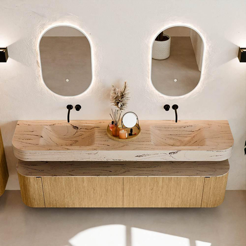 MONDIAZ THOR-DLUX 200cm meuble de salle de bains arrondi gauche + droite couleur Chêne avec 2 tiroirs et 2 portes. Vasque suspendue CLOUD Double sans trou de robinet couleur Arena. SW1467065