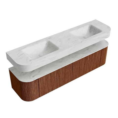 MONDIAZ THOR-DLUX 180cm meuble de salle de bains arrondi gauche + droite couleur Ruby avec 2 tiroirs et 2 portes. Vasque suspendue CLOUD Double 2 trous de robinet couleur Opalo. SW1466073