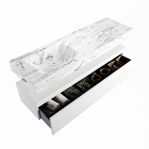 Mondiaz ALAN-DLUX Ensemble de meuble - 150cm - meuble Talc mat - 1 tiroir - Lavabo Cloud Glace suspendu - vasque Gauche - 1 trou de robinet SW805161