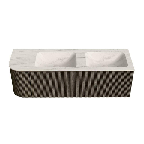 MONDIAZ KURVE-DLUX Meuble de salle de bains 145cm arrondi gauche couleur Shadow avec 1 tiroir et 1 porte. Lavabo LEAF Double / Droite 2 trous de robinet Meli. SW1431835