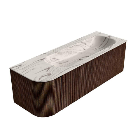 MONDIAZ KURVE-DLUX 135cm meuble de salle de bains arrondi à gauche couleur Walnut avec 1 tiroir et 1 porte. Lavabo BIG MEDIUM à droite sans trou de robinet Nata. SW1432213