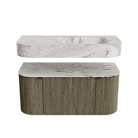 MONDIAZ THOR-DLUX 100cm meuble de salle de bains arrondi gauche + droite couleur Shadow avec 1 tiroir et 2 portes. Vasque suspendue CLOUD Droite 1 trou de robinet couleur Glace. SW1467515