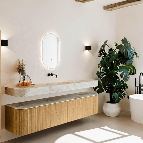 MONDIAZ THOR-DLUX 200cm meuble de salle de bains arrondi gauche + droite couleur Chêne avec 2 tiroirs et 2 portes. Vasque suspendue CLOUD Milieu sans trou de robinet couleur Frappe. SW1466945