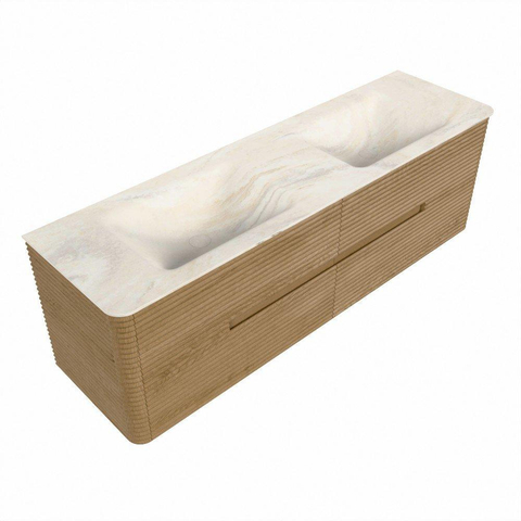 Mondiaz CIRO-DLUX Meuble de salle de bains ensemble - 160x45x50cm - Plan de toilette solid surface Ostra - 2 vasques Double - sans trous de robinetterie - 4 tiroirs - Chêne SW1530918