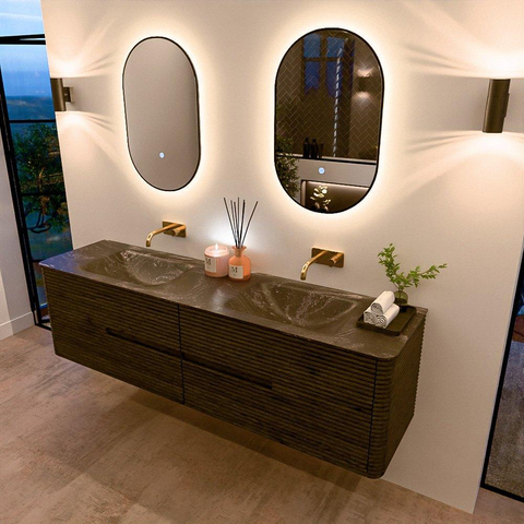 Mondiaz CIRO-DLUX Ensemble de meubles de salle de bains - 180x45x50cm - lavabo Solid surface Lava - 2 bassins Double - sans trous de robinet - 4 tiroirs - Shadow SW1532501