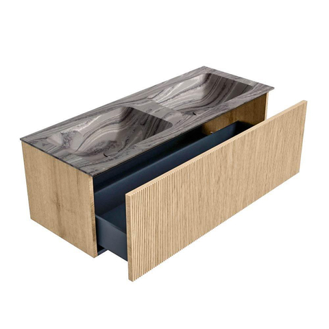 MONDIAZ KURVE-DLUX Meuble de salle de bains 120 cm couleur Oak avec 1 tiroir et 0 porte. Lavabo LEAF Double 2 trous de robinet Sombra. SW1433585