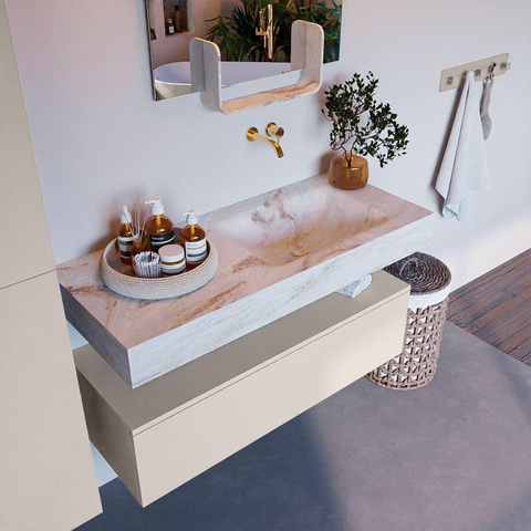 Mondiaz ALAN-DLUX Ensemble de meuble - 110cm - meuble Linen mat - 1 tiroir - Lavabo Cloud Frappe suspendu - vasque Droite - 0 trous de robinet SW805474
