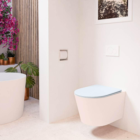 Mondiaz LAVIE hangtoilet – spoelrandloos – 36 x 53 cm – met softclose zitting – Rosee (roze), zitting Clay (lichtblauw/grijs) SW1208591