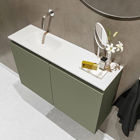 MONDIAZ TURE Toiletmeubel 80x23x50cm met 0 kraangaten 2 deuren army mat Wastafel Eden links Solid Surface Wit SW475003