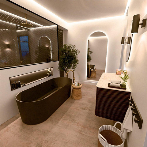 Mondiaz CIRO-DLUX Meuble de salle de bains - 110x45x50cm - vasque solid surface Ostra - 1 bassin à gauche - sans trous de robinet - 2 tiroirs - Noyer SW1530385