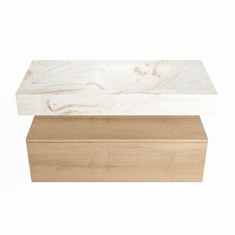 Mondiaz ALAN-DLUX Ensemble de meuble - 100cm - meuble Washed Oak mat - 1 tiroir - Lavabo Cloud Frappe suspendu - vasque Droite - 0 trous de robinet SW808738