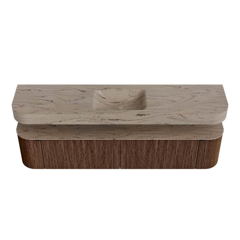 MONDIAZ THOR-DLUX 200cm meuble de salle de bains arrondi gauche + droite couleur Walnut avec 2 tiroirs et 2 portes. Vasque suspendue CLOUD Milieu 1 trou de robinet couleur Arena. SW1467072