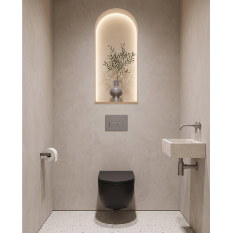 QeramiQ Dely Swirl Pack WC suspendu - 36.3x51.7cm - bâti-support Geberit UP320 - abattant 35mm - plaque de commande gris clair - boutons rectangulaires - noir mat SW1164393