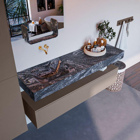 Mondiaz ALAN-DLUX Ensemble de meuble - 150cm - meuble Smoke mat - 1 tiroir - Lavabo Cloud Lava suspendu - vasque Gauche - 0 trous de robinet SW808471