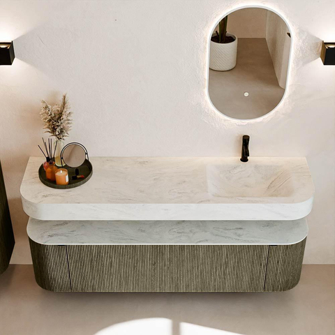 MONDIAZ THOR-DLUX 170cm meuble de salle de bains arrondi gauche + droite couleur Shadow avec 1 tiroir et 2 portes. Vasque suspendue CLOUD Droite 1 trou de robinet couleur Opalo. SW1465525