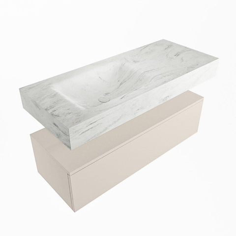 Mondiaz ALAN-DLUX Ensemble de meuble - 110cm - meuble Linen mat - 1 tiroir - Lavabo Cloud Opalo suspendu - vasque Gauche - 0 trous de robinet SW806501
