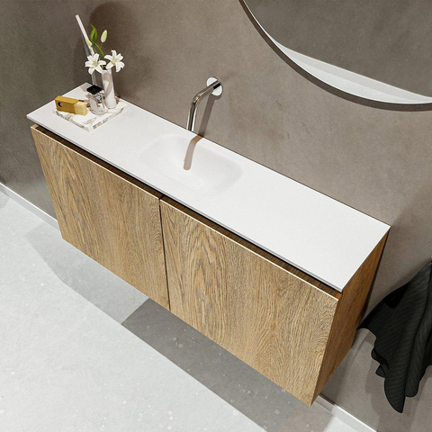 MONDIAZ TURE Kit lave-mains - 100x23x50cm - 0 trous de robinet - 2 portes - chêne blanchi mat - Lavabo centré - Solid Surface Blanc SW475138