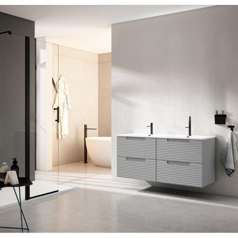Saniclass Prime Balance Ensemble meuble de salle de bains - 120x55x45cm - 2 vasques ovales en céramique blanche - 2 trous de robinet - 4 tiroirs - mat greige (gris) SW1170965