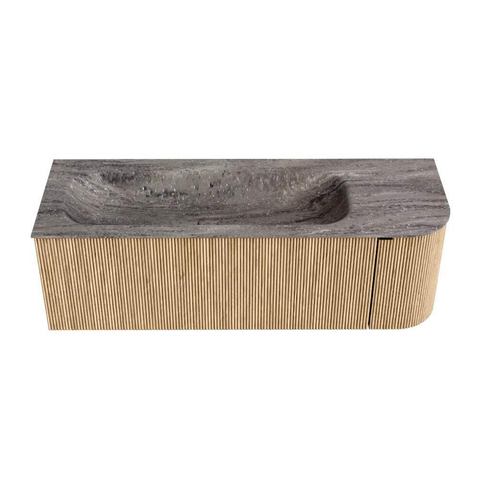 MONDIAZ KURVE-DLUX 135cm badmeubel ronding Rechts kleur Oak met 1 lade en 1 deur. Wastafel BIG MEDIUM Links 1 kraangat Oza. SW1432661