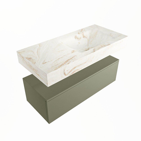 Mondiaz ALAN-DLUX Ensemble de meuble - 100cm - meuble Army mat - 1 tiroir - Lavabo Cloud Frappe suspendu - vasque Droite - 1 trou de robinet SW805735