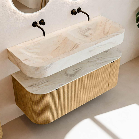 MONDIAZ THOR-DLUX 120cm meuble de salle de bains arrondi gauche + droite couleur Oak avec 1 tiroir et 2 portes. Vasque suspendue CLOUD Double sans trou de robinet couleur Ostra. SW1463078