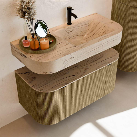 MONDIAZ THOR-DLUX 100cm meuble de salle de bains arrondi gauche + droite couleur Dusk avec 1 tiroir et 2 portes. Vasque suspendue CLOUD Droite 1 trou de robinet couleur Arena. SW1467457