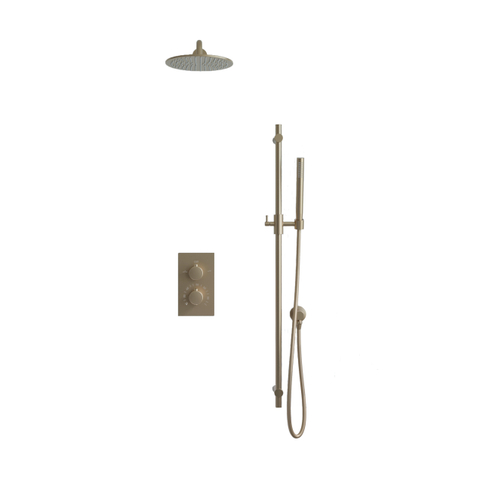 Fortifura Calvi Inbouw Regendoucheset - thermostatisch - wandarm - glijstang - 30cm - hoofddouche - staaf handdouche - gladde doucheslang - PVD - geborsteld messing (goud) SW1412088