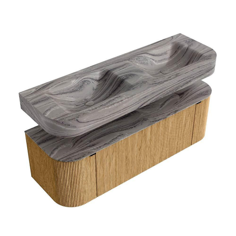 MONDIAZ THOR-DLUX Meuble de salle de bains 140cm arrondi gauche + droite couleur Oak avec 1 tiroir et 2 portes. Vasque suspendue CLOUD Double sans trou de robinet couleur Sombra. SW1464367