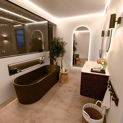 Mondiaz CIRO-DLUX Badkamermeubelset - 100x45x50cm - Solid surface wastafel Opalo - 1 wasbak Midden - zonder kraangaten - 2 lades - Walnut SW1530209